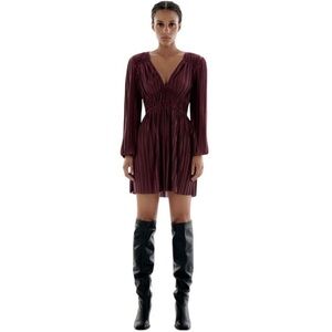 Zara Burgundy Long Sleeve pleated mini Dress